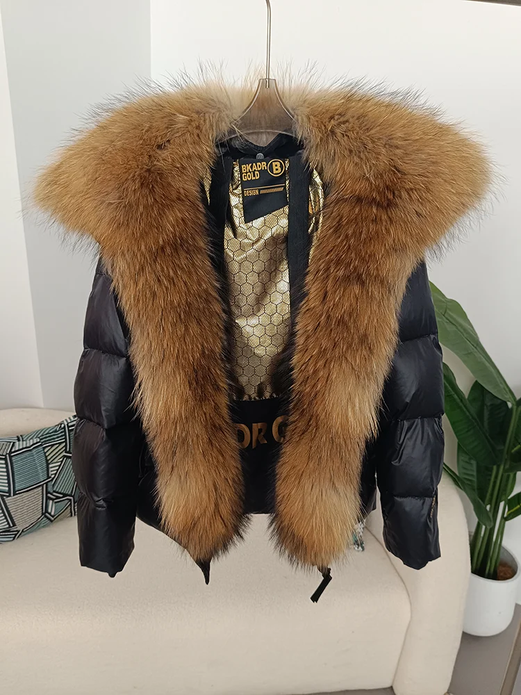 OFTBUY Echter Fuchspelzkragen mit Kapuze Winterjacke für Damen aus weißem Entenfedermaterial, kurz geschnitten, schwarz-gold, dicker warmer Mantel, luxuriöse Oberbekleidung. – Detail 21