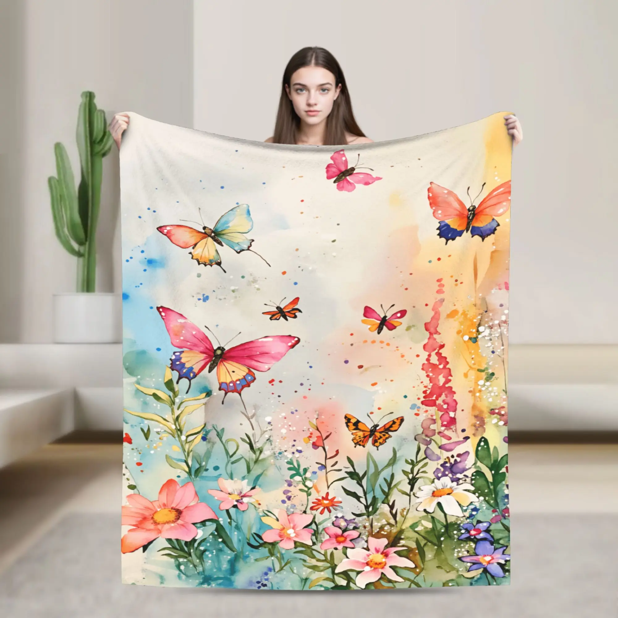Weiche Überwurfdecke für Camping, Aquarell-Blumen-Schmetterlingsdecke, Flanell-Tagesdecke für Couch, Stuhl, lustige Sofa-Bettdecke