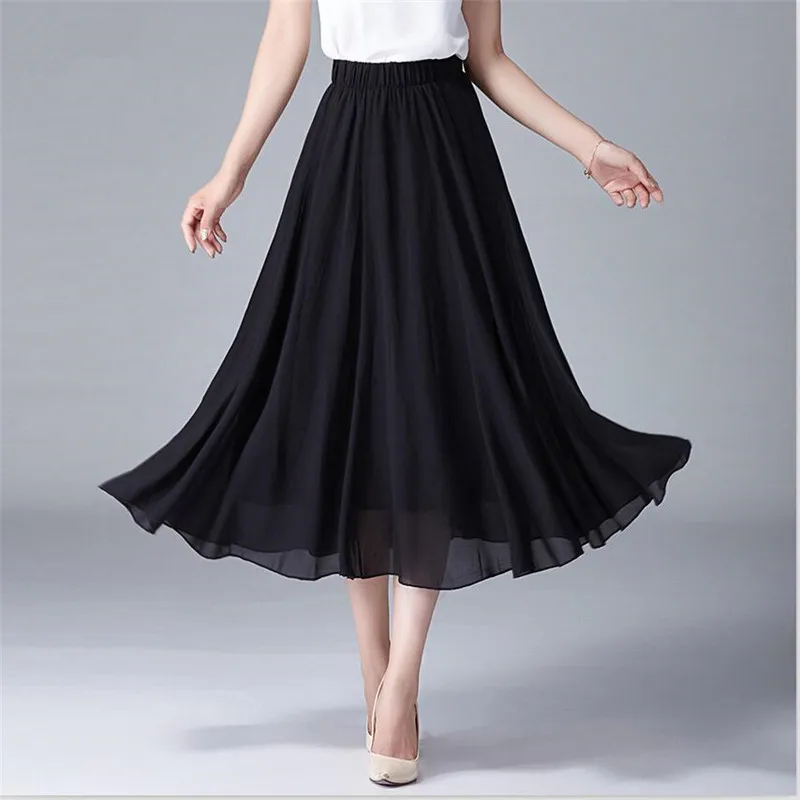 Women Elegant Elastic High Waist Chiffon Skirt Casual Loose Solid Long Skirts 7 Color 2024 Summer Vestido faldas largas vintage