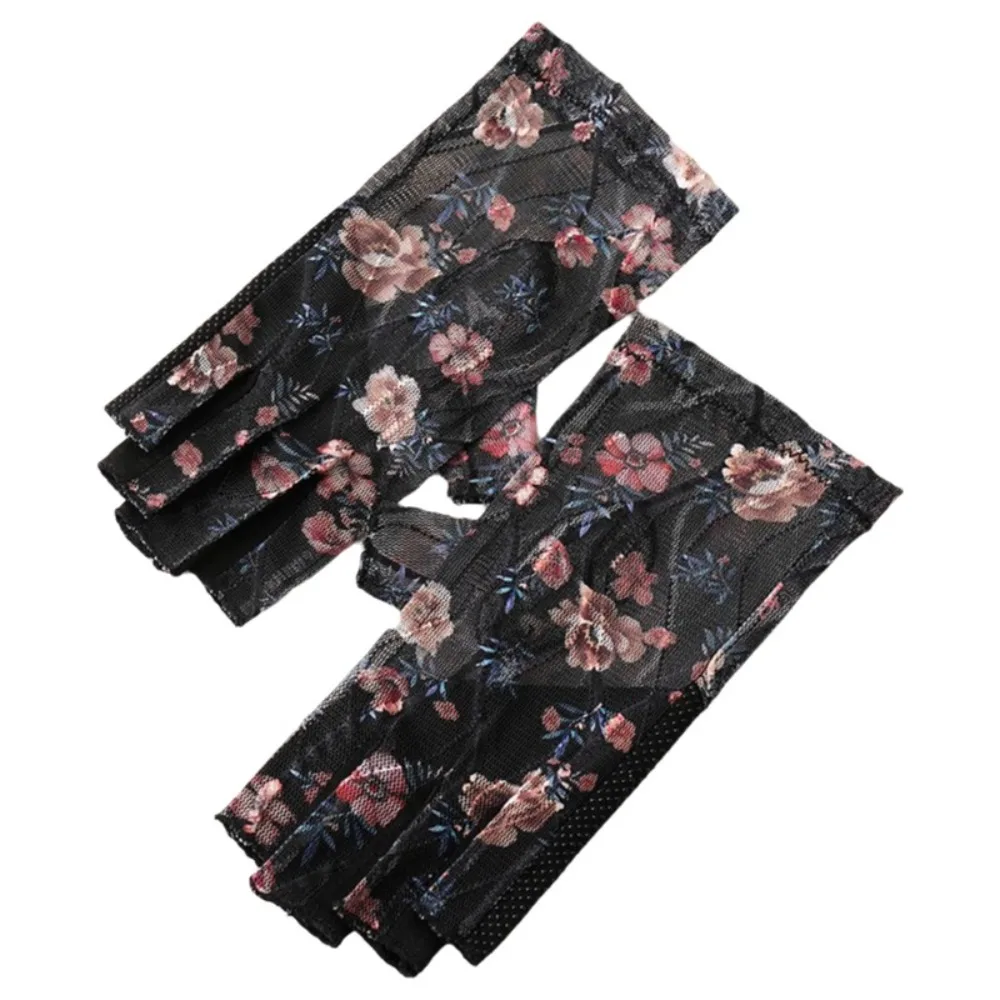 Creative Mesh Driving Gloves Anti-slip Thin Sun Protection Gloves Floral Printed Breathable Half-finger Gloves Cycling