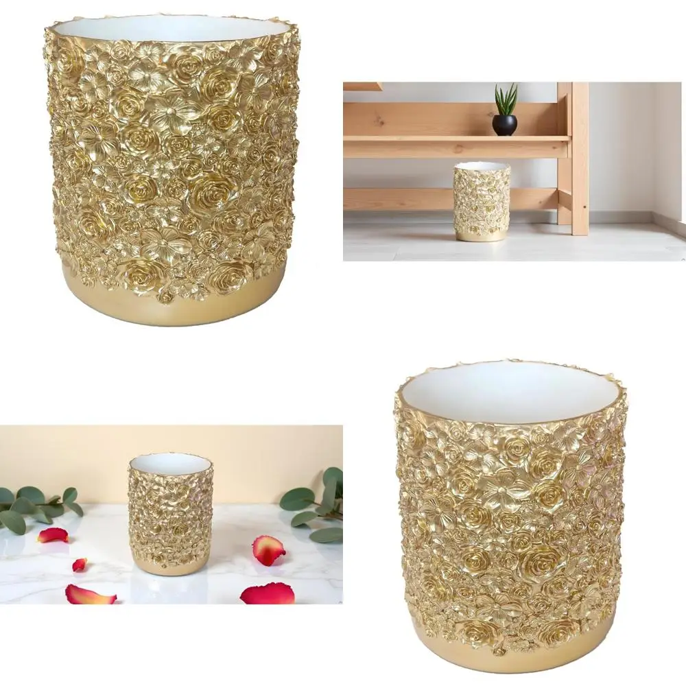 

Elegant Floral Carved Resin Waste Basket, 8x10 Decorative Gold Trash Can for Office and Bathroom