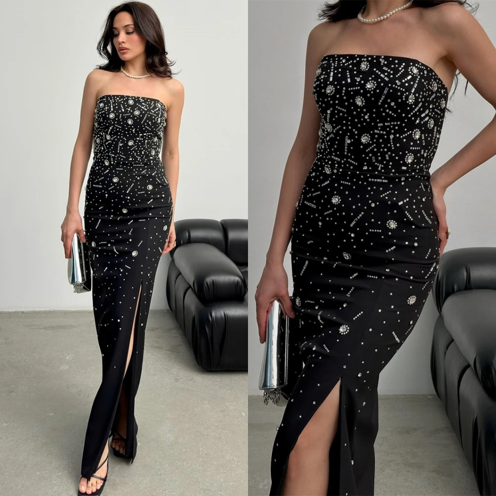 Customized Fashion Jersey Evening Dress Exquisite Straples Crystal Prom Dresses Temperament Sleeveless Special Occasion Gowns