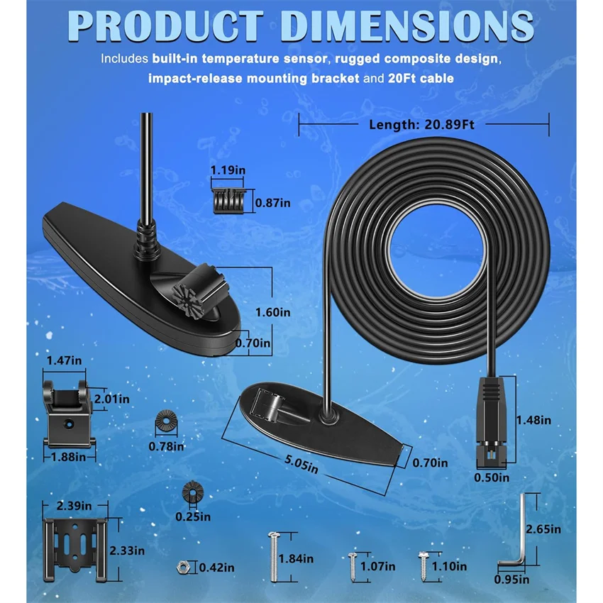 710226‑1 XNT 9 DI T Transom Mount Transducer for Humminbird, Dual Beam Sonar Down Imaging 200/455 kHz, Temp Sensor, 20Ft Cable