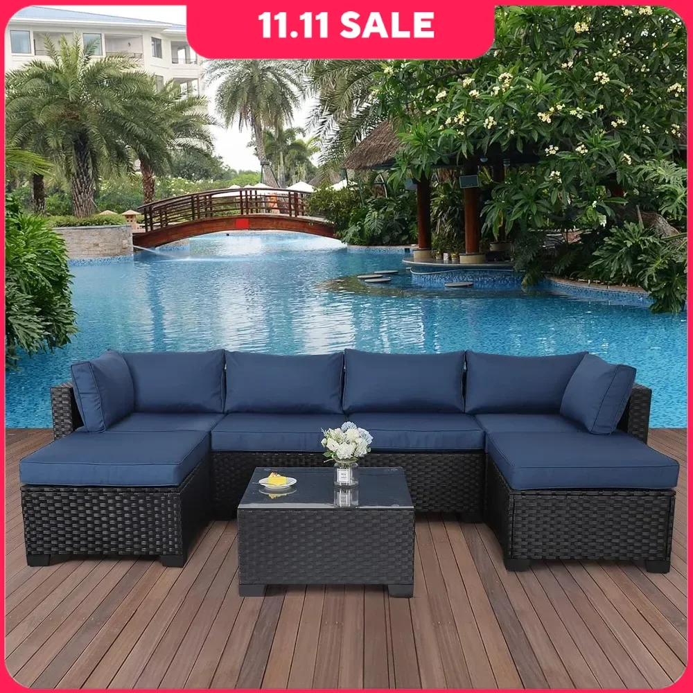 

7 Pieces Outdoor PE Wicker Furniture Set Patio Rattan Sectional Conversation Sofa Set with Navy Blue Cushions Garden Sofas