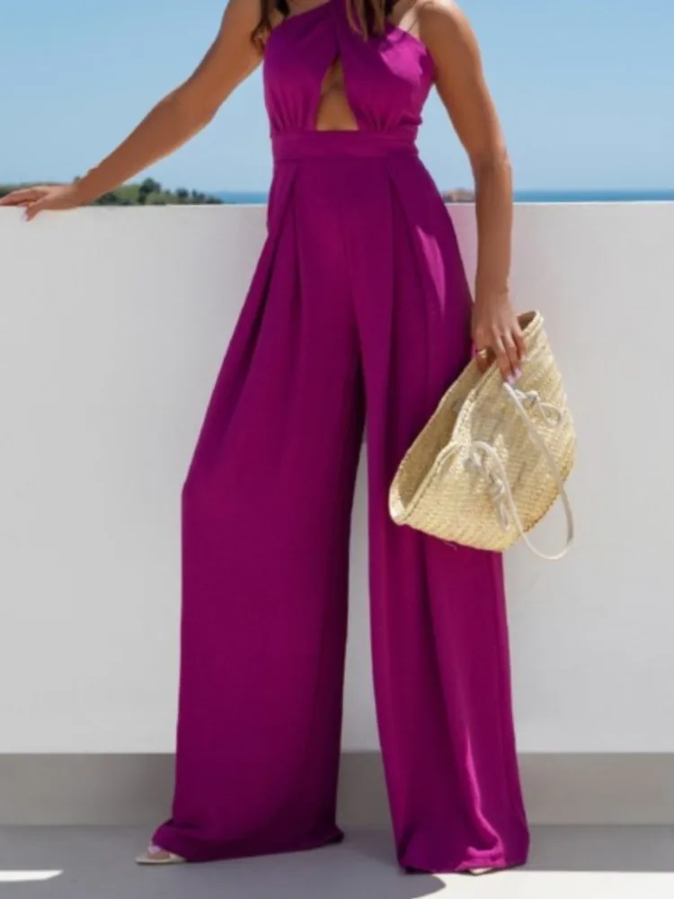 夏シンプルな無地ノースリーブオフショルダーセクシーなぶら下げネックウエストジャンプスーツ女性のファッションエレガントなワイドレッグパンツ