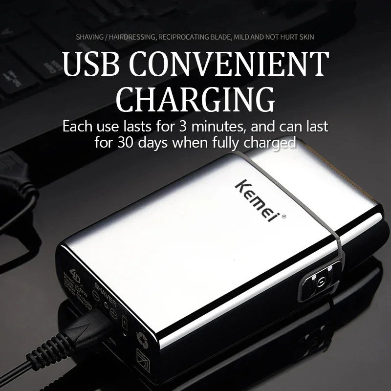 Kemei KM-TX5 Premium Chargeable Battery Type Silver Shaver Double Net Aluminum Alloy Reciprocating Electric Shaver Hair Clipper