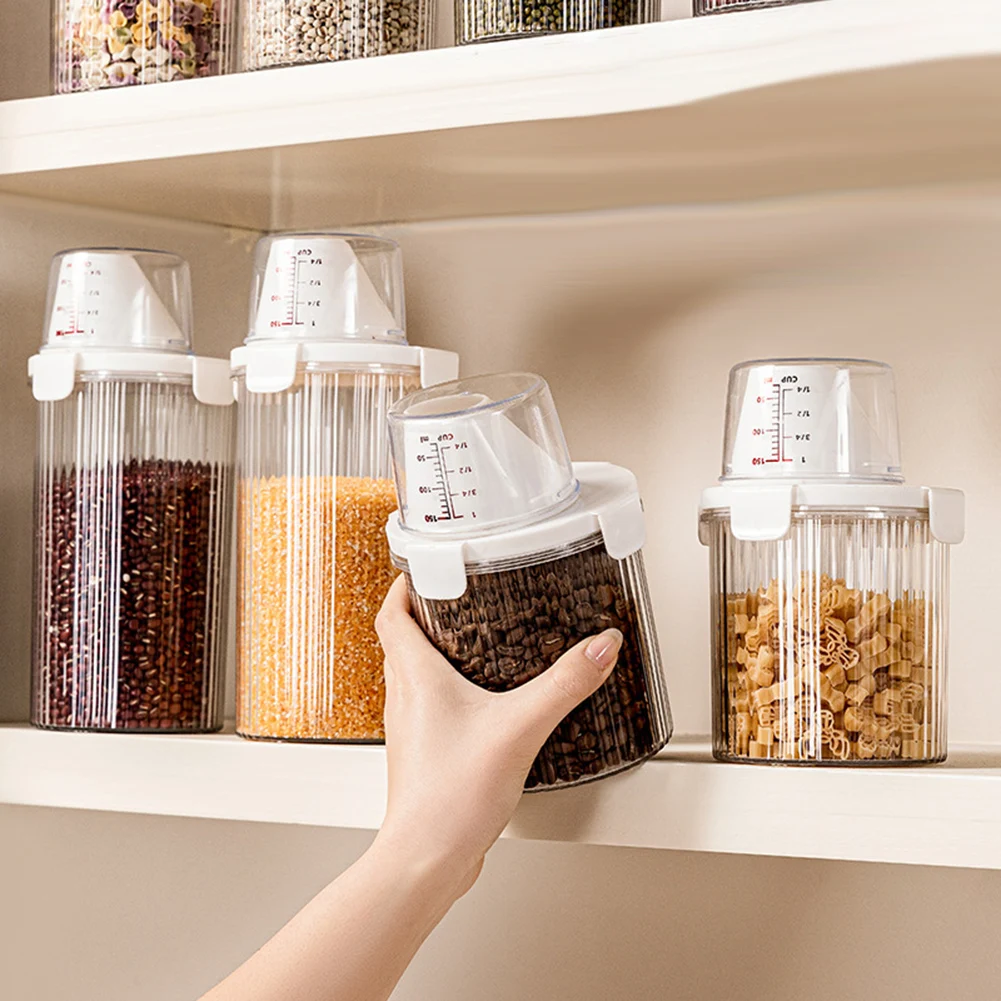 Transparent Food Storage Box With Pour Spout Measure Cup Lid Sugar Beans Cereal Storage Container Kitchen Organizer Bin