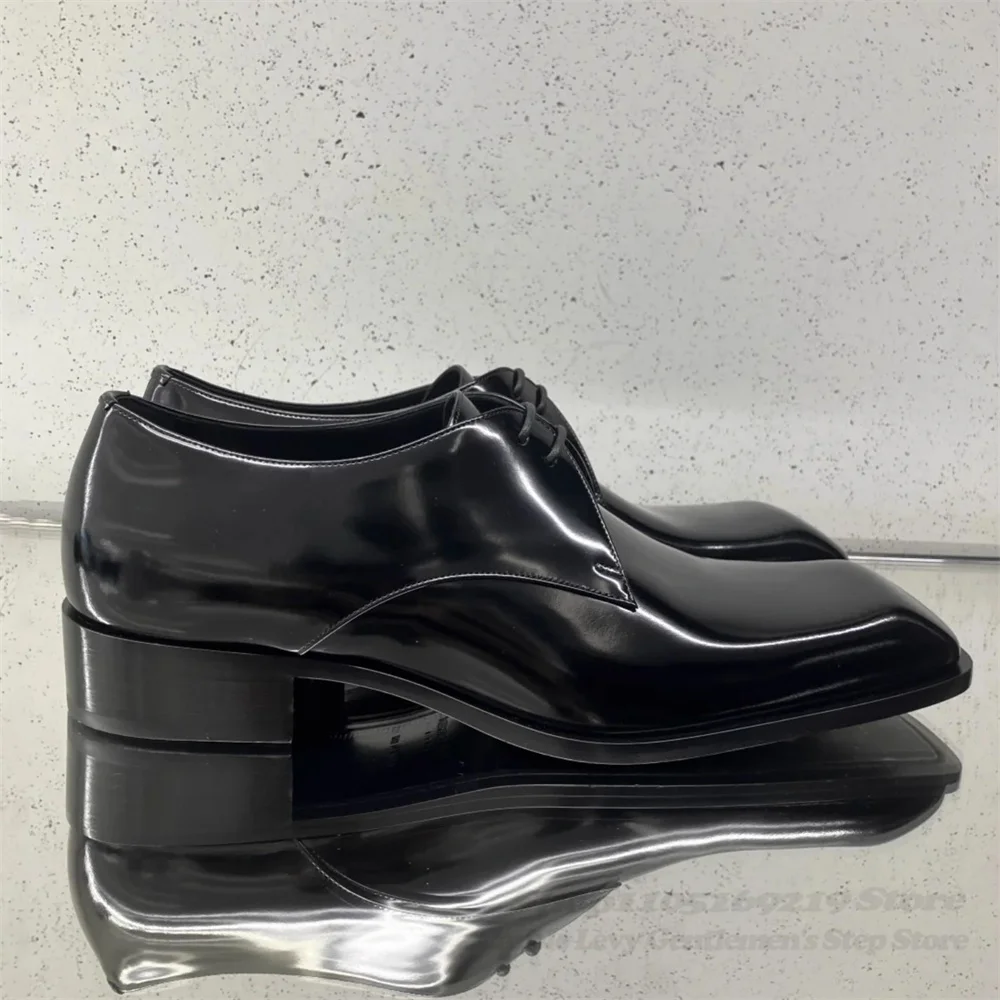 Black Shiny Leather Lace Up Small Leather Shoes Men Square Toe Lace Up Thick Heels Derby Shoe Trendy Business Formal Dress Shoes