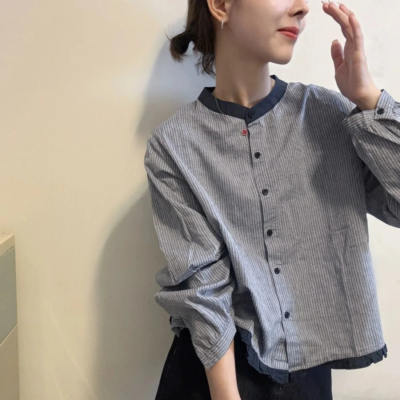 Women's Striped Shirt Short Loose Long Sleeve Casual Style Spring Autumn Fashion High End Wooden Ear Design Premium Quality Top