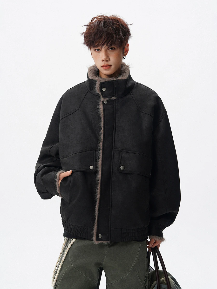 Jaket Motor Kulit Pria Thiened American Sle, Model Longgar, Bahan Katun Hangat untuk Musim Dingin, Pakaian Luar Kulit Katun untuk Pengendara Motor