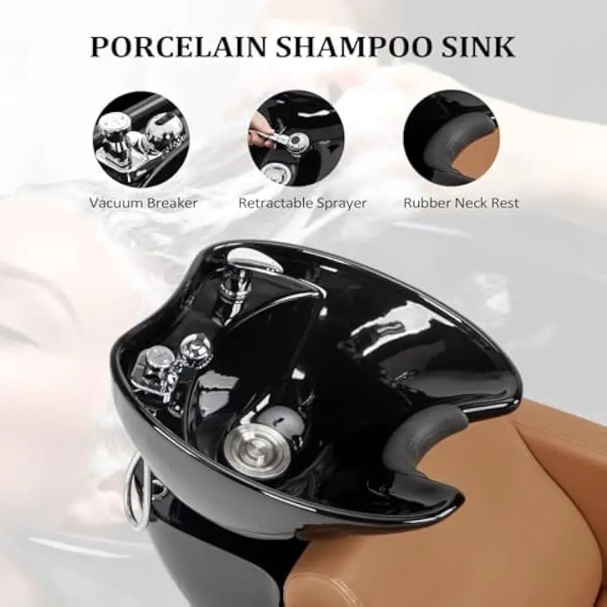 Hair Washing Sink Shampoo Bowl Shampoo Unit Chair Extra Wide Seat Porcelain Camel Beauty Spa Barbershop