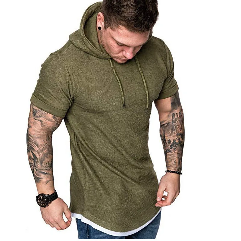 2024 New Men\'s Fashion Hooded Solid Color Short-Sleeved T-shirt Summer Casual Sports T Shirt Hoodies Clothing for Men MY073