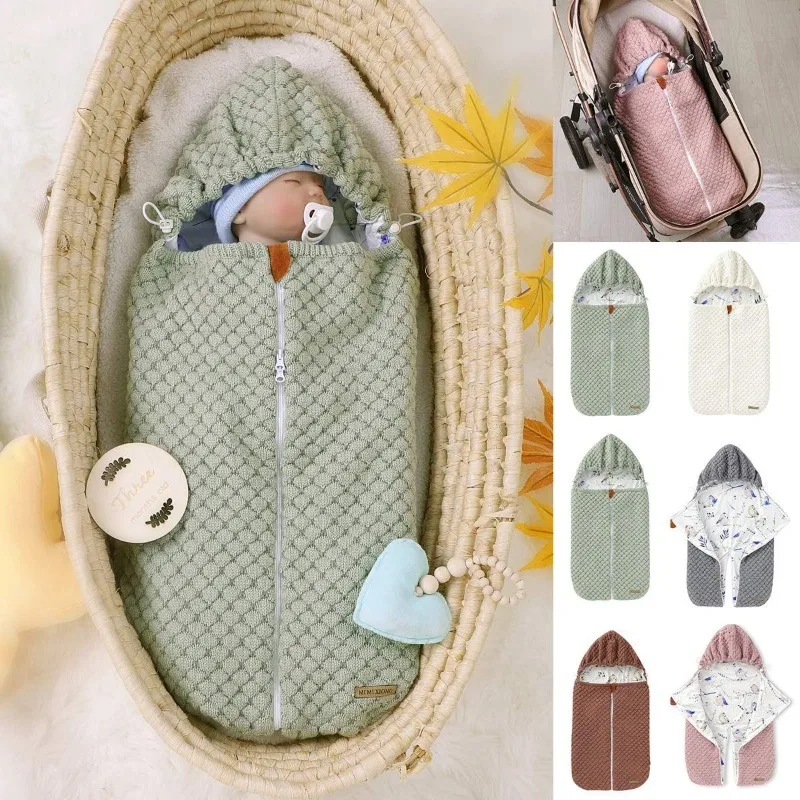 

Knit Baby Stroller Sleep Blanket Newborn Swaddle Blanket Carry Wrap Autumn Winter Cozy Unisex Infant Sleeping Bag for Boys Girls