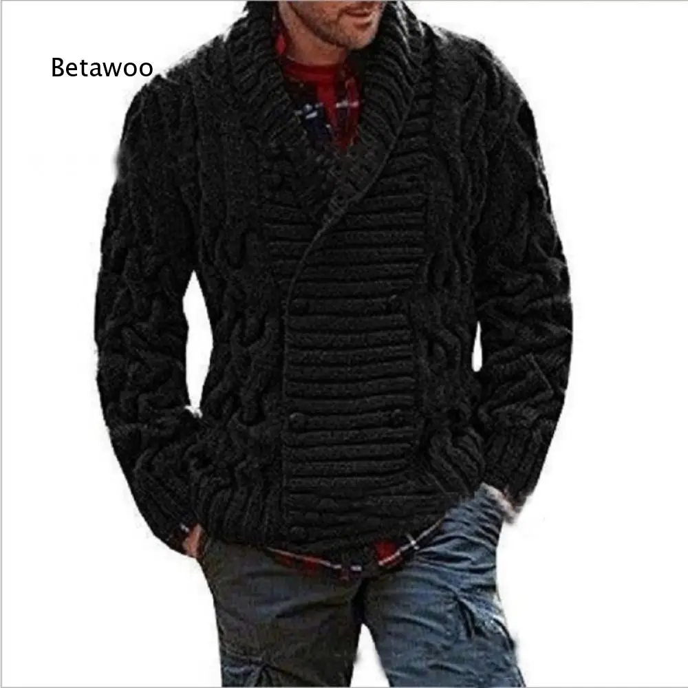 Men Solid Loose Cable Knit Cardigan Shawl Collar Double Breasted Long Sleeve Knit Coat For Autumn Winter Daily Travel Wear