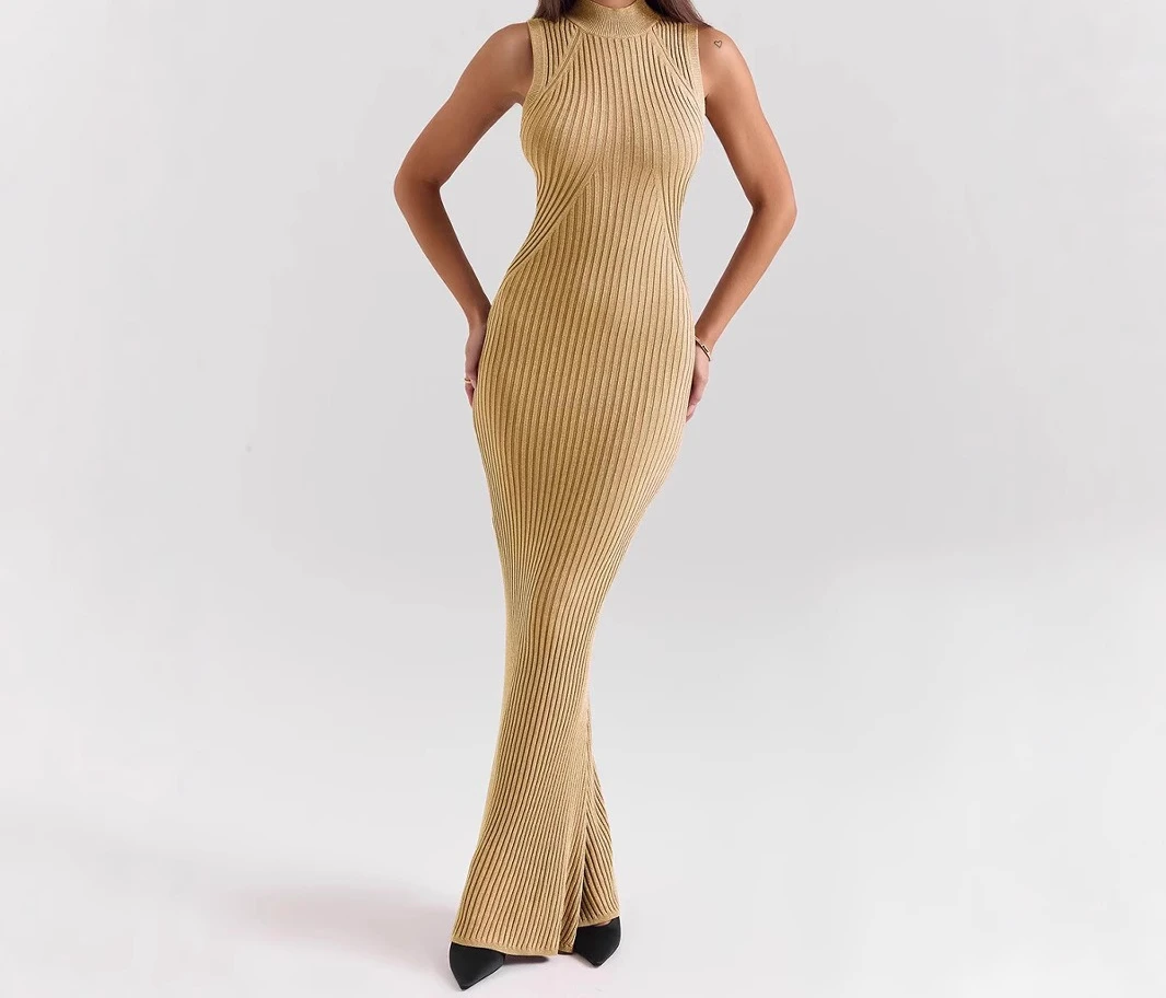 

2025 New Knitted High Neck Sleeveless Mermaid Skirt Summer Elegant French Dress Women