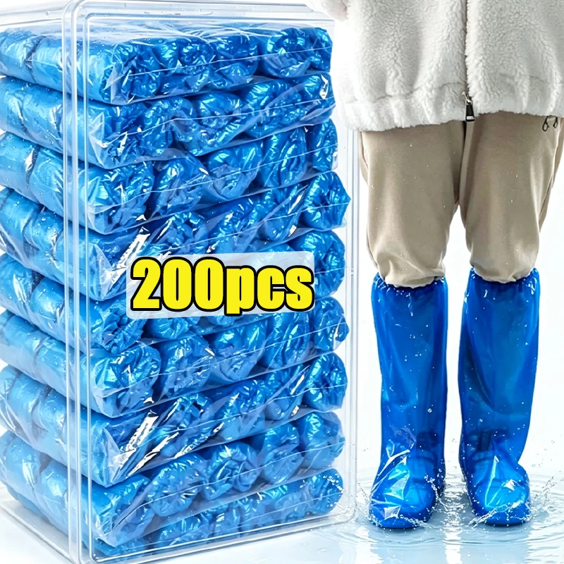 10/200pcs Disposable Shoe Covers Blue Transparent Plastic Outdoor Rainproof Thick Wear-resistant Waterproof Isolation Foot Cover