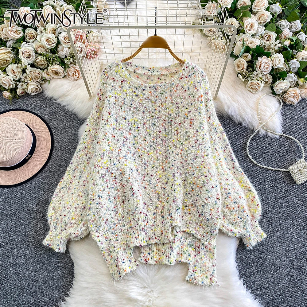 

TWOTWINSTYLE Loose Sweet Printing Sweaters For Women Round Neck Long Sleeve Autumn Temperament Warm Sweater Female New KMY555424