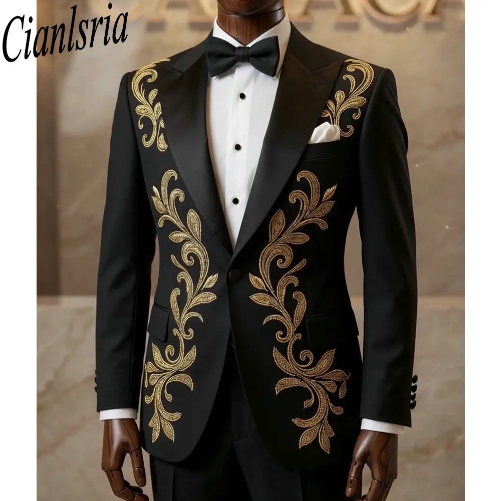 Men's Black Suit Coat with Gold Embroidered Leaf Pattern Single Breasted Tuxedo for Groomsmen Wedding Formal Occasions
