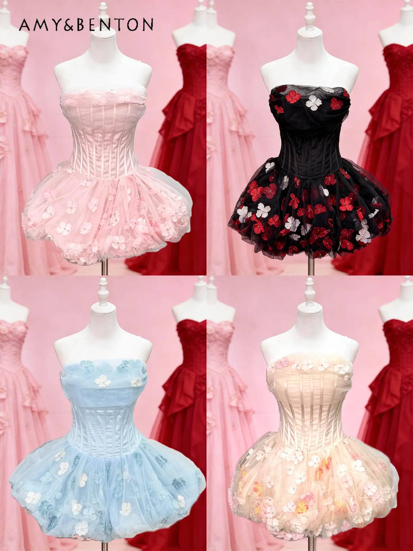 

2026 Summer New Birthday Banquet Coming-of-Age Gift Sweet Women's Pink Blue Black Apricot Flower Applique Short Puffy Dress