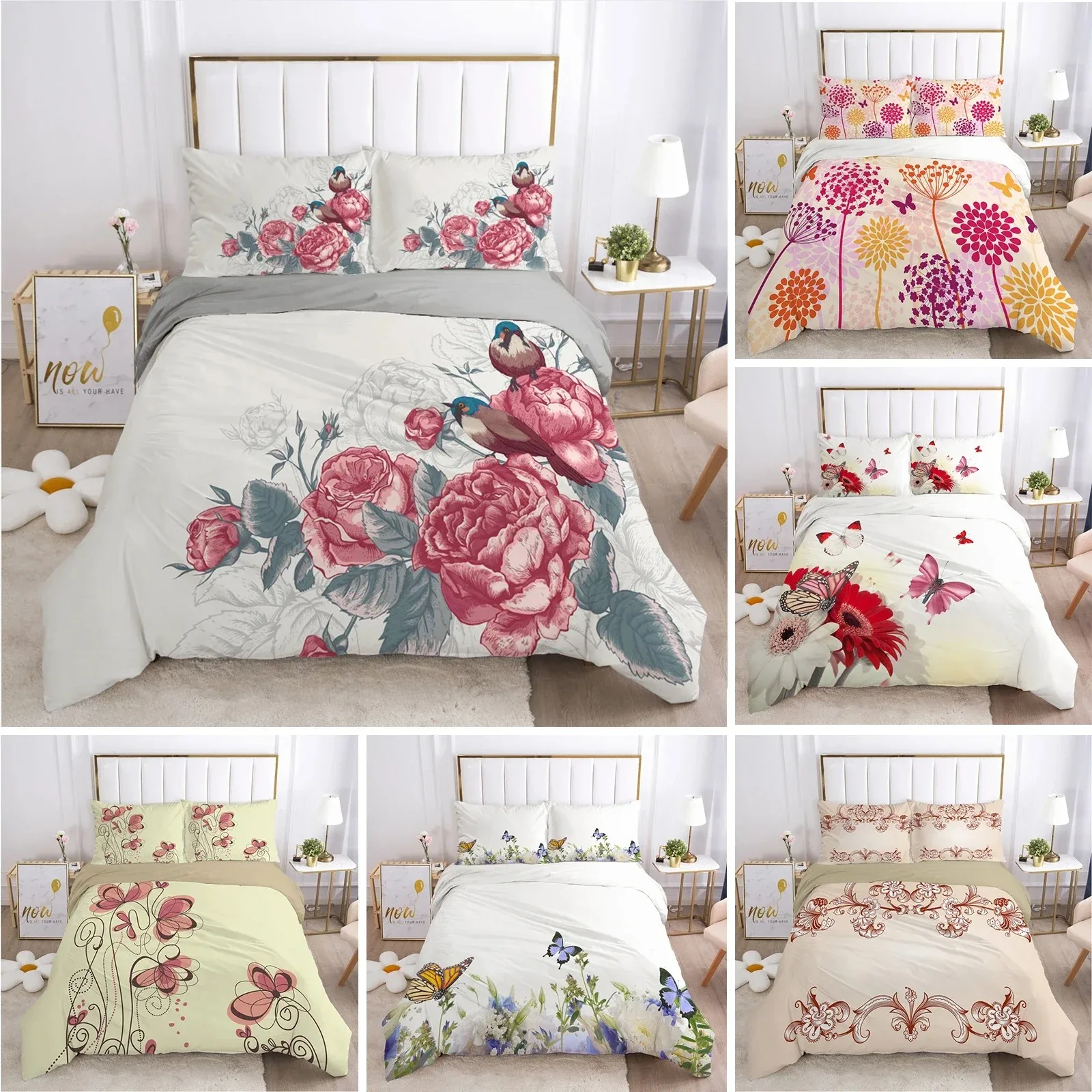 

3D Printed Classic Duvet Cover Sets Flower Butterfly King Queen Full Twin Double Quilt Covers Pillowcases Bedding Set