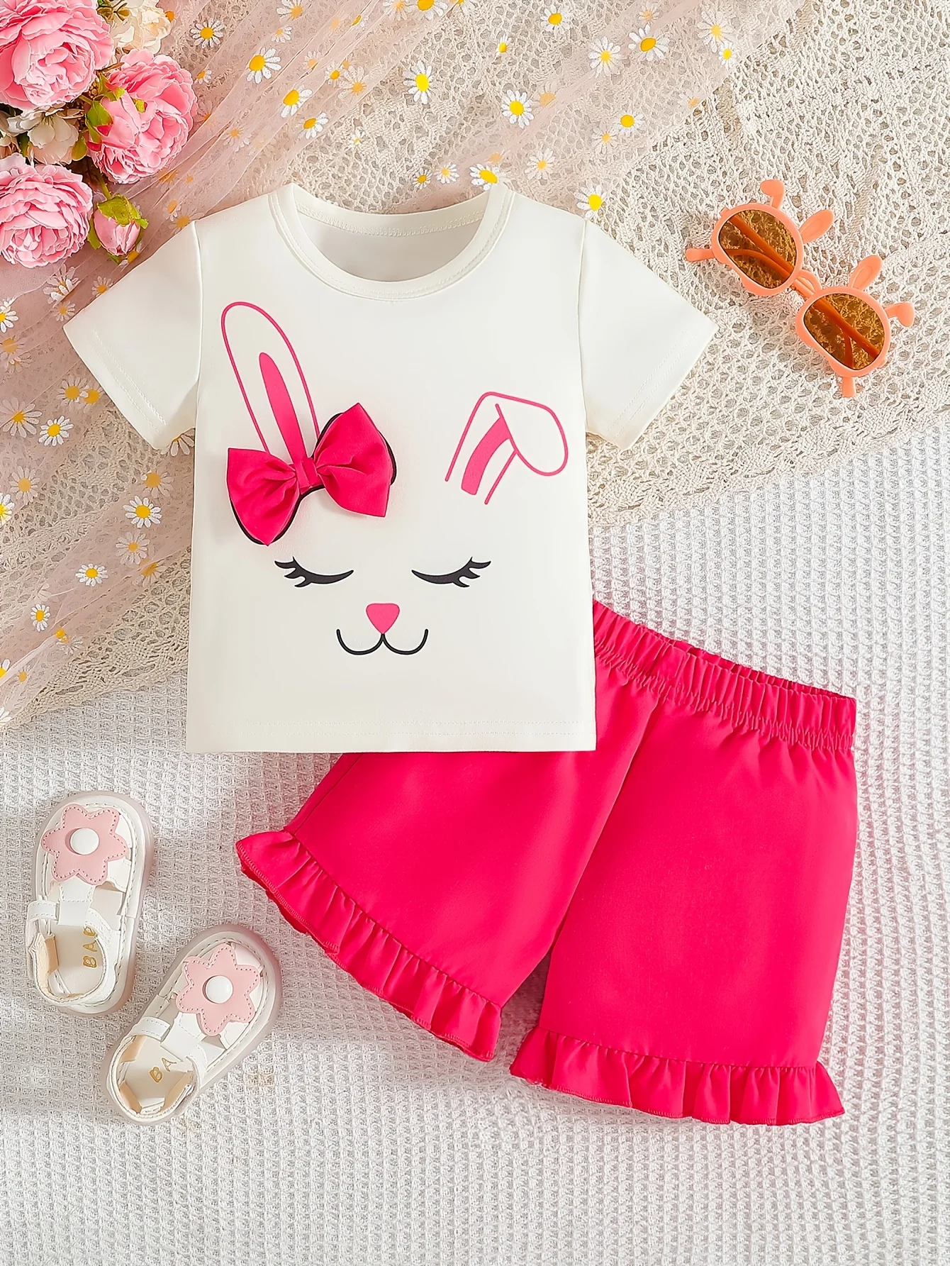 

Комплект одежды с принтом кролика для маленьких девочек — короткий топ + шорты с рюшами (3D бант) — подарок на день рождения для маленьких девочек на День святого Валентина