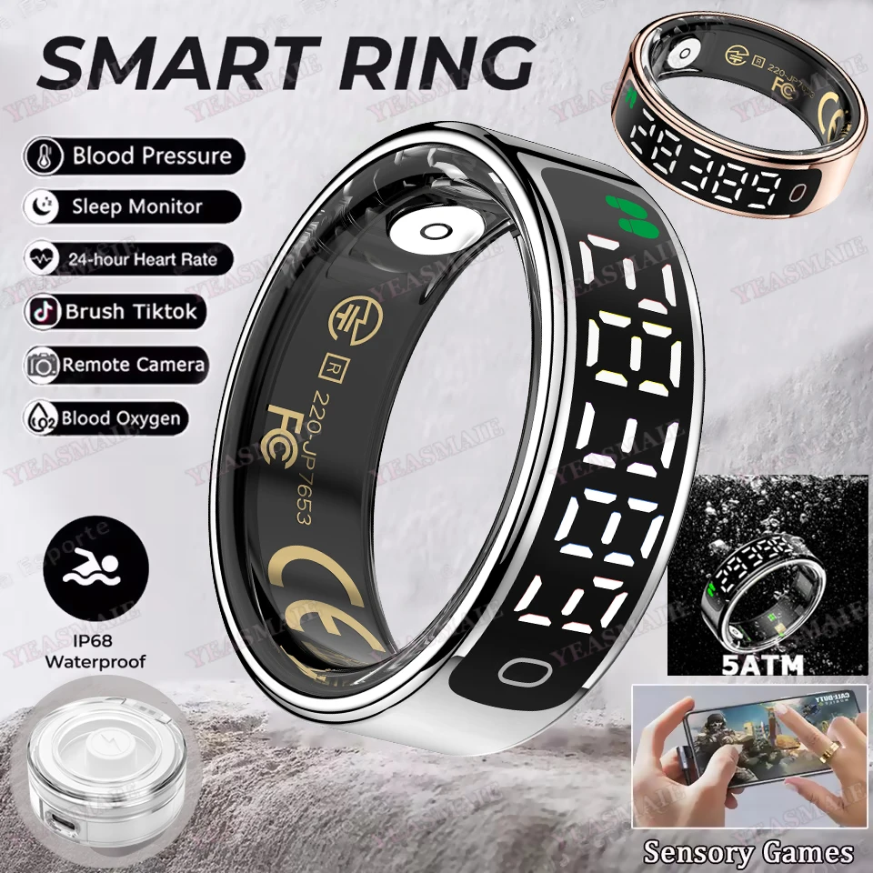

2025 Smart Ring Men Women LED Display Screen Heart Rate Blood Oxygen Monitor 5ATM Waterproof Multi Sports Mode Gifts For Andorid