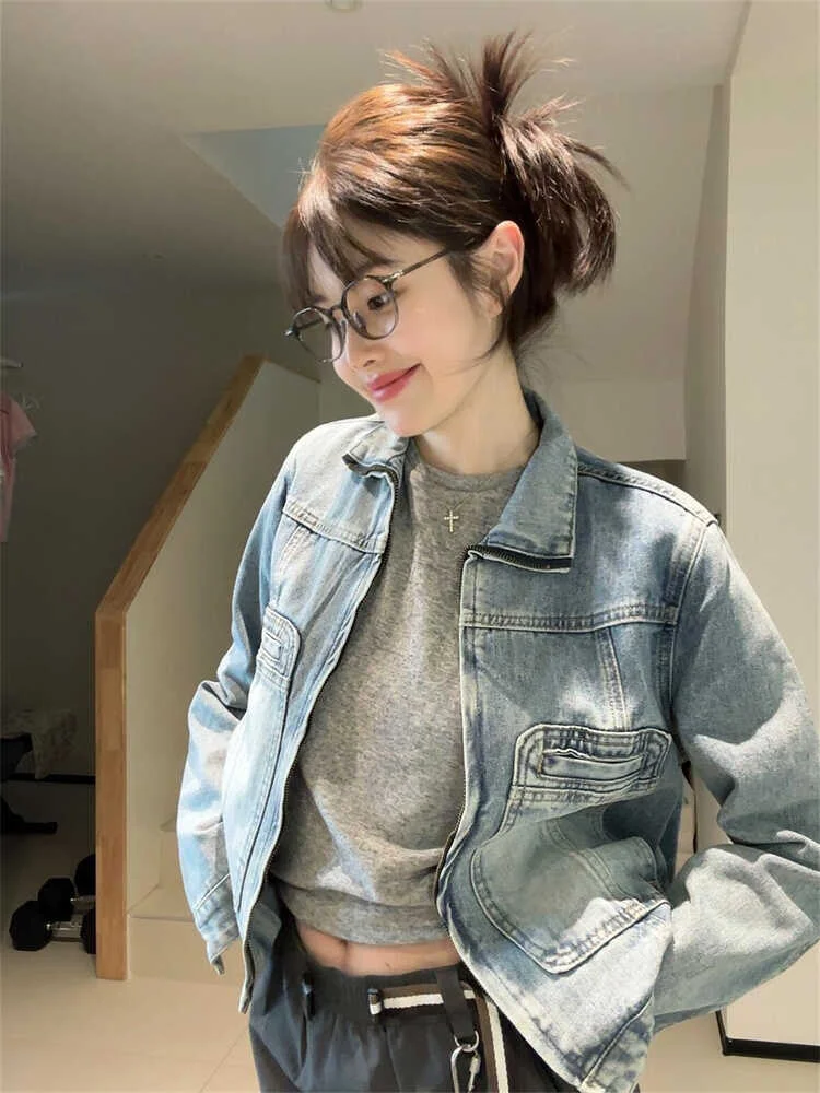 Retro Washed Blue Denim Jacket Spring Autumn Turn Down Collar Zipper Short Outerwear Versatile Women Jacket Tops