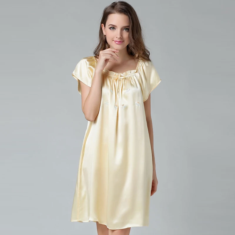 Women Night Gown 100% Pure Silk Short Sleeves Chemise Sleepwear One Size