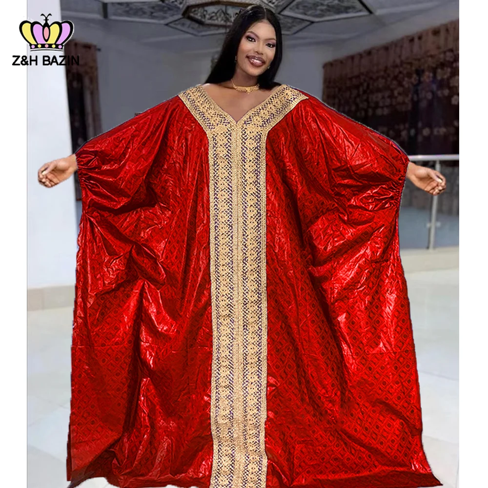 

2023 Newest Red Bazin Riche Evening Gowns For African Women Original Wedding Party Dashiki Robe Top Quality Bazin Long Dresses
