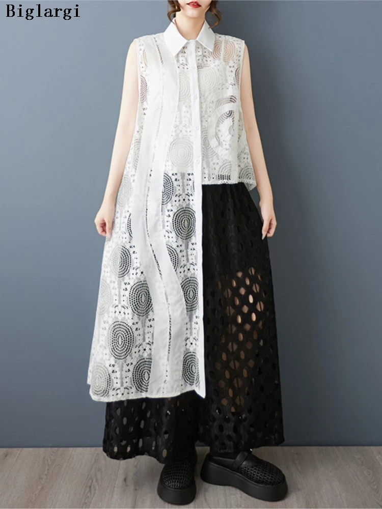 

Oversized Summer Sleeveless Dress Women Embroidery Hollow Out Patchwork Fashion Ladies Dresses Loose Casual Woman Dress