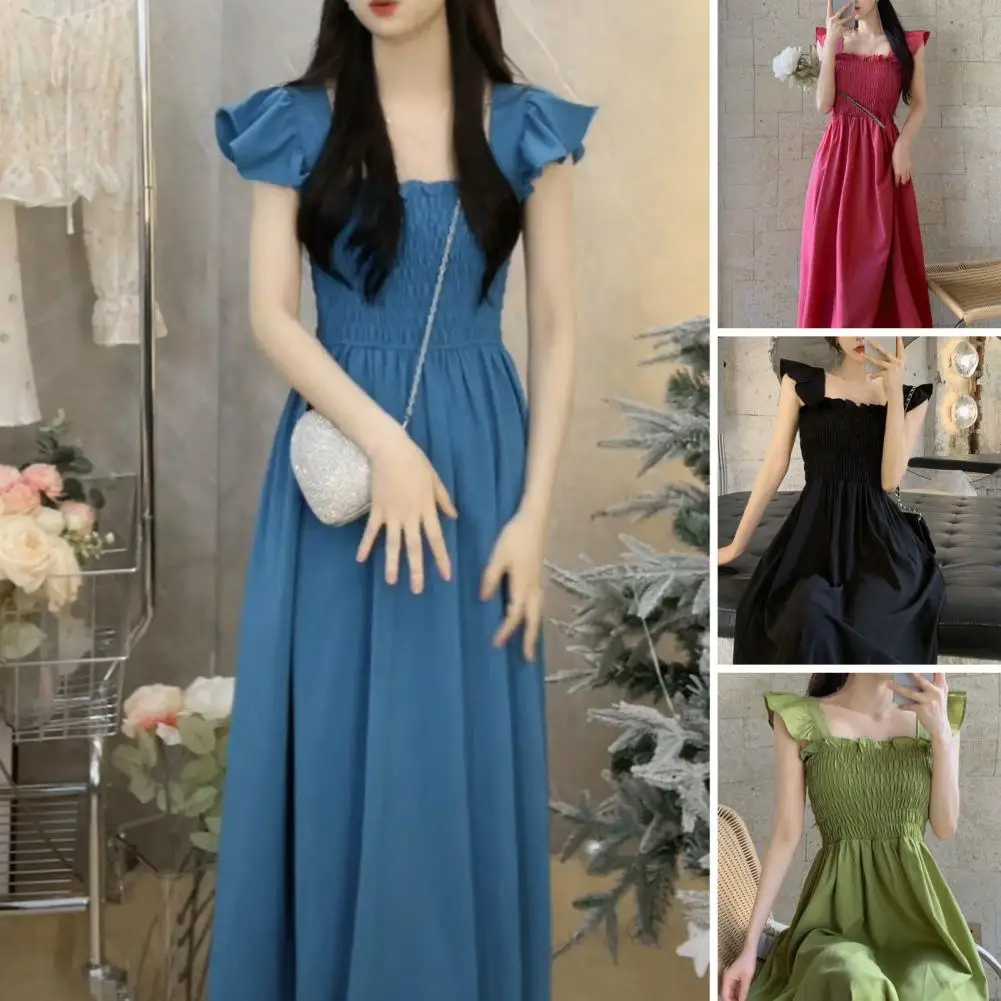 

Women Dress Elegant Square Neck Midi Dress with Ruffle Detail High Waist Pleats Women's Summer A-line Dress with Flying Sleeves