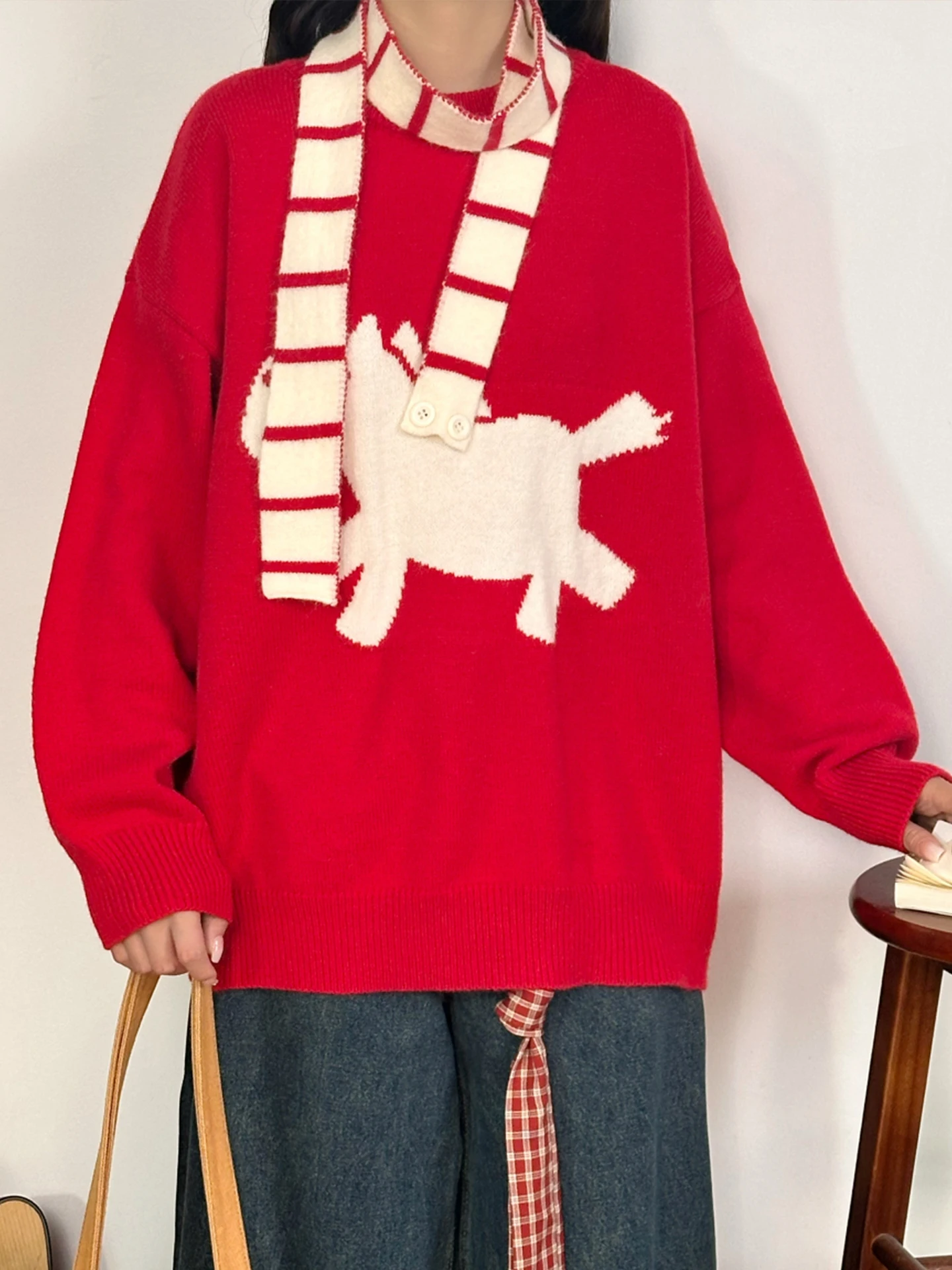 

Red Loose Knitted round Ne Sweater for Women Street Sle Casual Faion New Year Year Pattern Comfortable Warmthwear