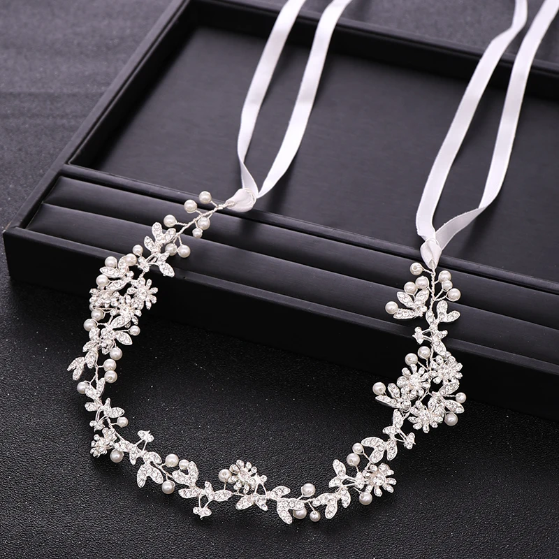 

Женский цветочный венок, повязка на голову с жемчугом и листьями, свадебные аксессуары для волос ручной работы, украшения для волос с кристаллами для невесты
