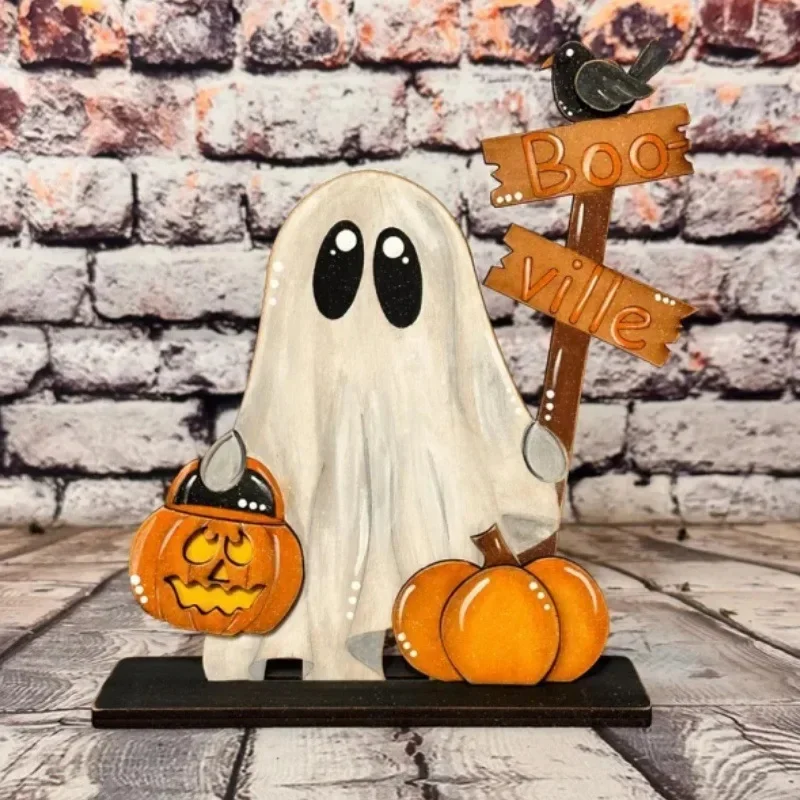 Halloween Wooden Ghost Tabletop Decor Boo-ville Sign with Pumpkin Crow Freestanding Table Sign Farmhouse Halloween Party Decor