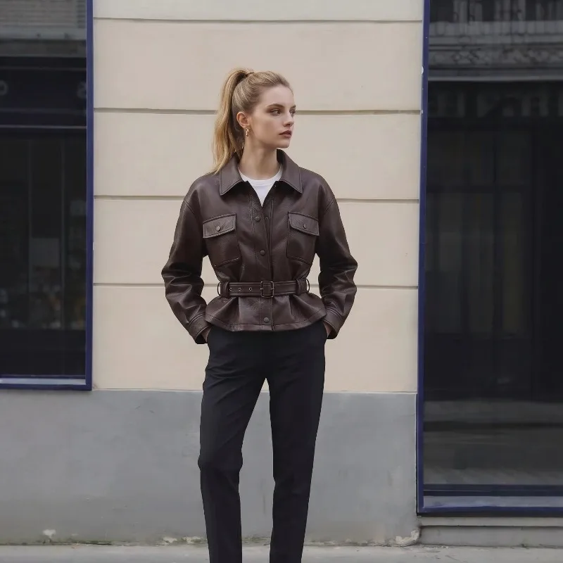 Autumn Retro Brown Lapel PU Leather Jacket Women's Belt Motorcycle Slimming Commuting Versatile Leather A Fashionable Bestseller