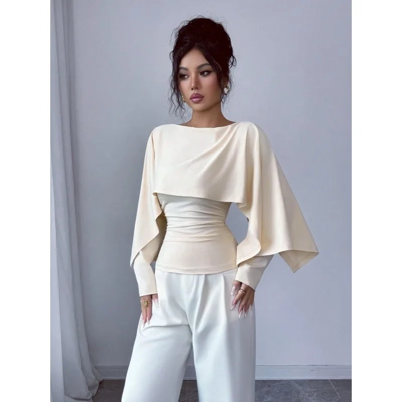 Women Elegant Slim Solid Colo Cape Blouse Long Sleeve Fake Two Piece Fitted Wrap Chic Office Evening Party Dating Daily Tops