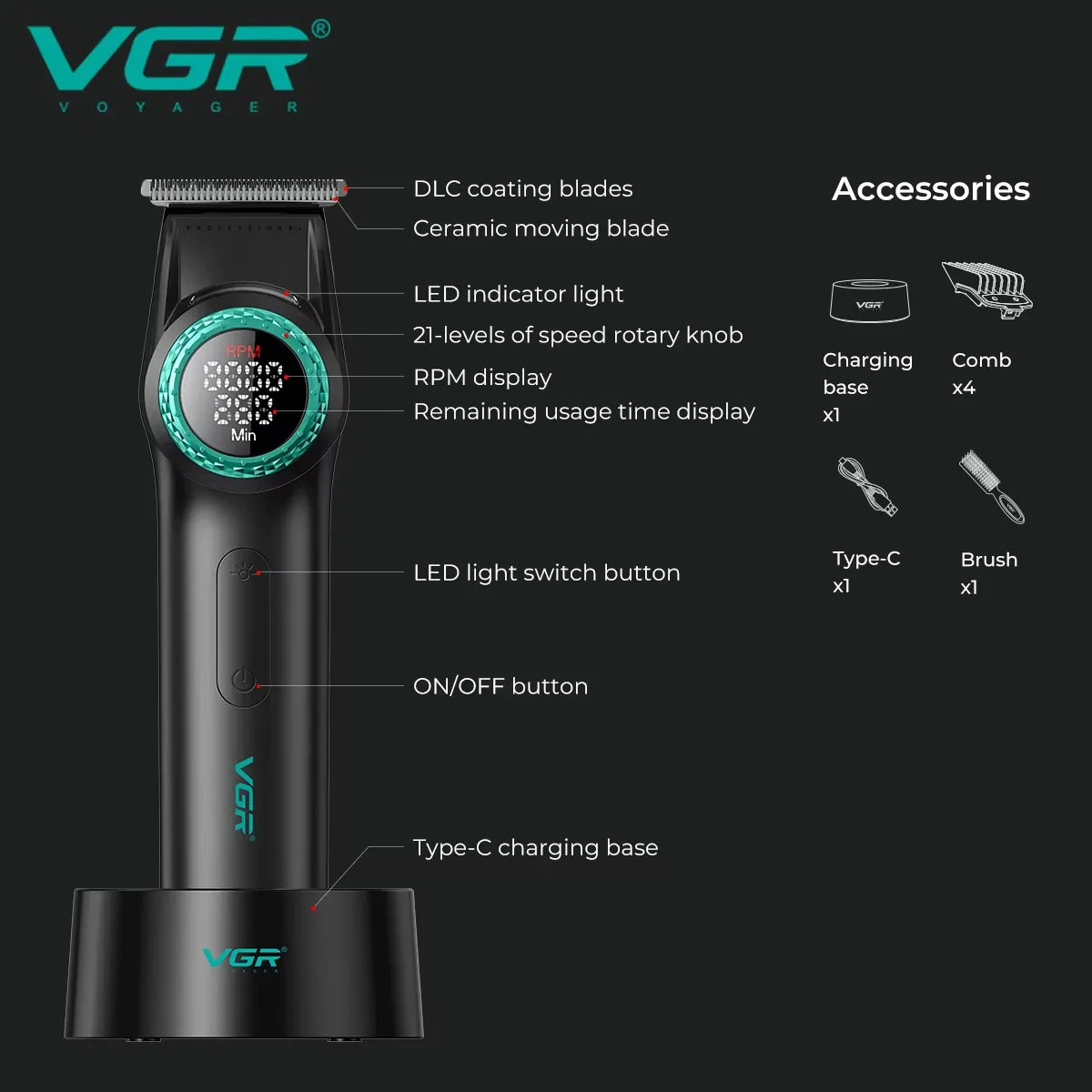 VGR Professional Hair Clipper V-977 with LED Display