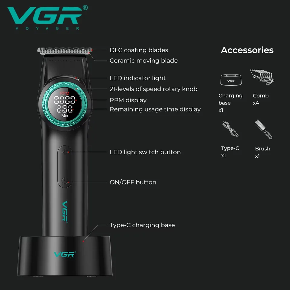 VGR Professional Hair Clipper V-977 with LED Display