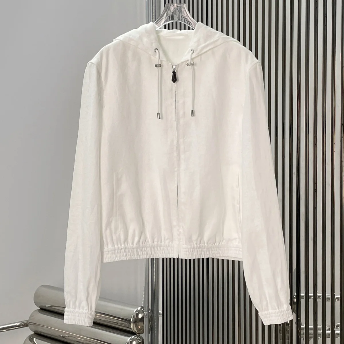 High Quality Women Hooded Zip Up Jacket Long Sleeve Drawstring Hood Elastic Cuff & Hem Cropped Outerwear lyt133463