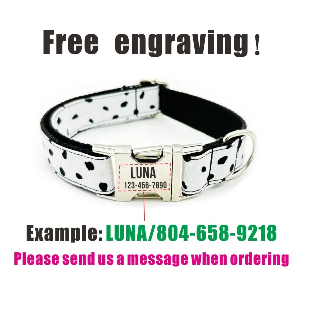 Personalized Dog Collar Customized Pet Collar Free Engraving ID Nameplate Tag Pet Dalmatians Black Dot Puppy Collars Leash