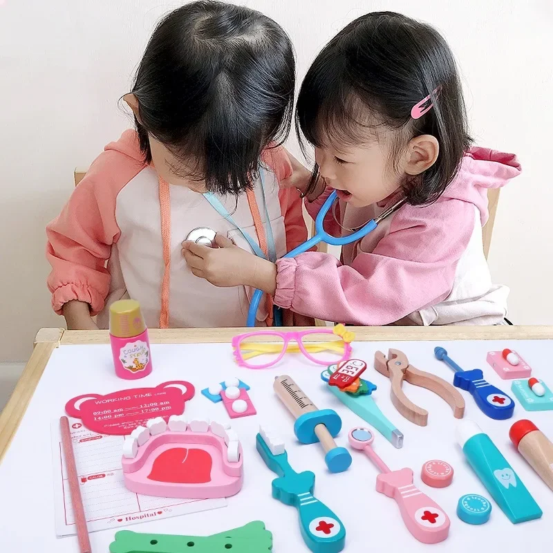 Giochi di finzione in legno Giocattoli educativi da dottore per bambini Simulazione medica Set di cassette per medicinali Giochi di ruolo Finta