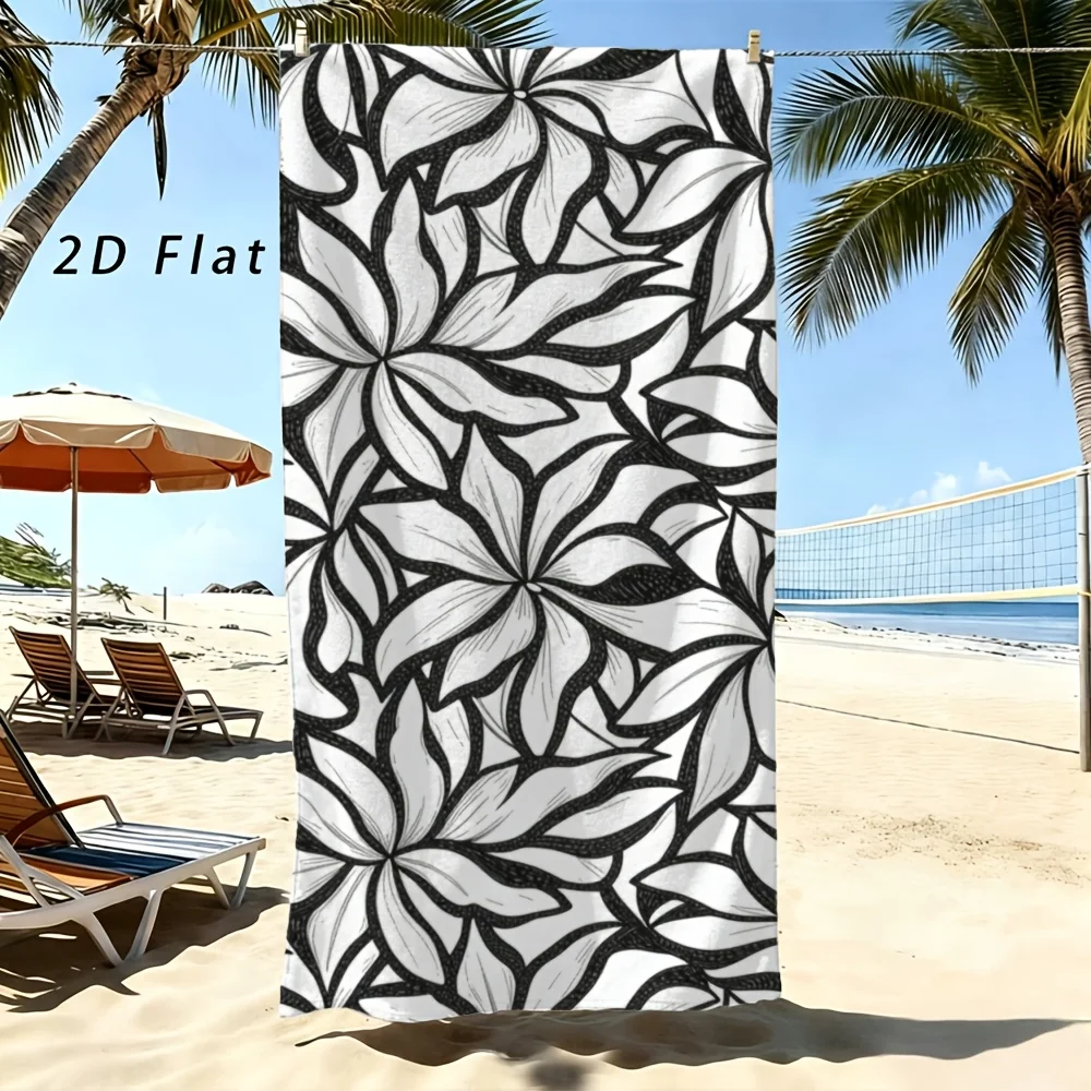 Monochrome Flower Pattern Beach Towel With Elegant Stroke Soft Surface Non Skid Material For Spiritual Practice