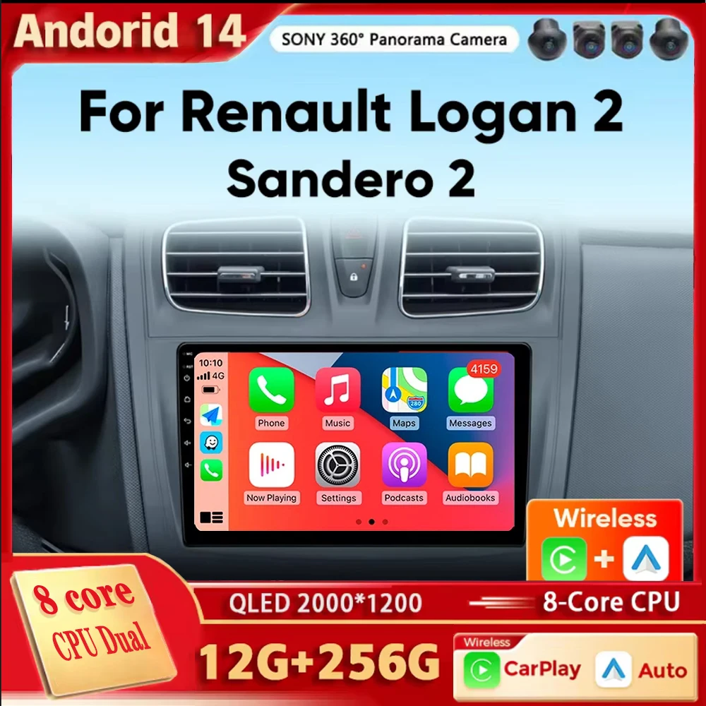 Android 14 Carplay Auto For Renault Logan 2 Sandero 2 2014-2019 Car Radio Multimedia Video Player Navigation GPS  No 2Din 2 Din