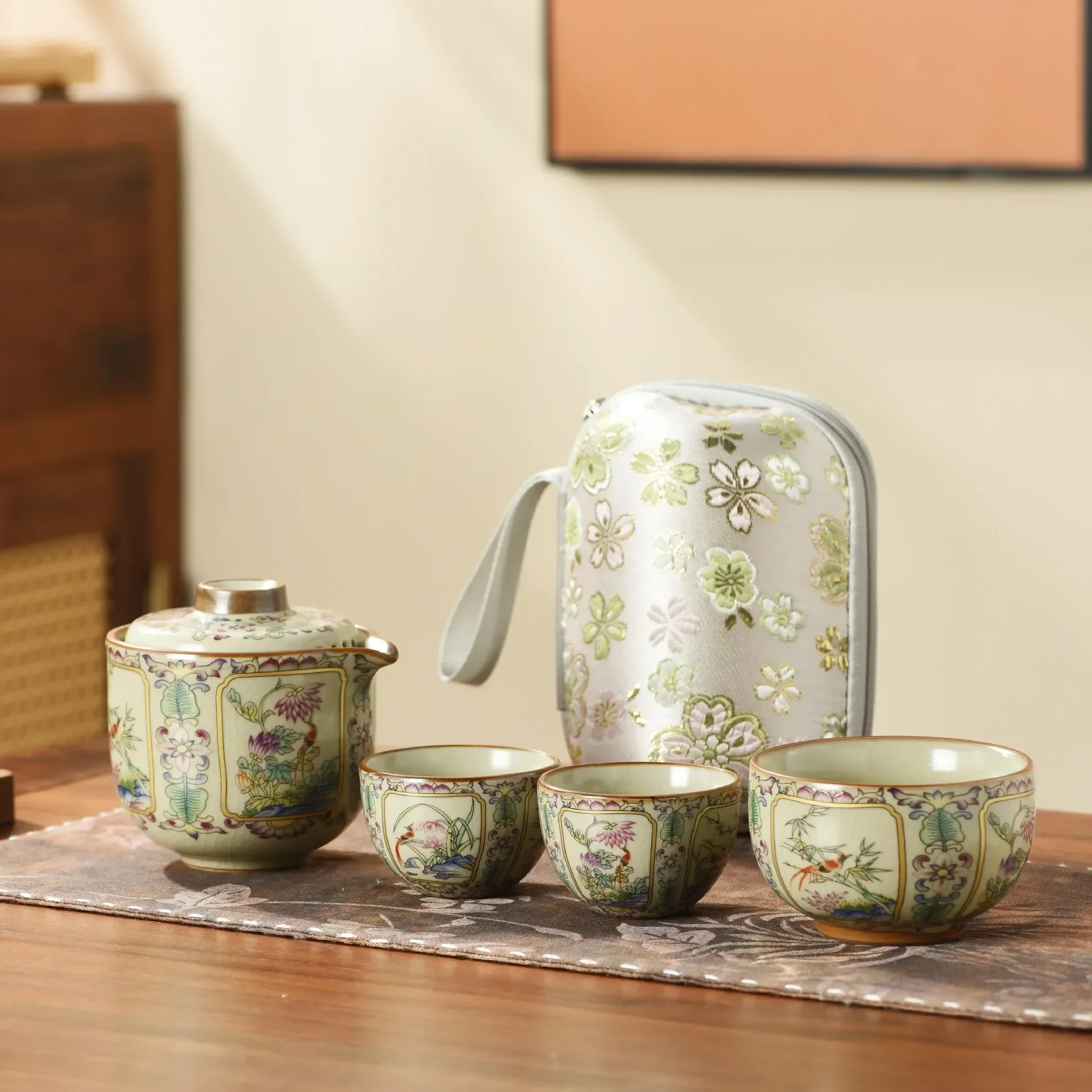 Colorful Ruyao Travel Tea Ceremony Set Portable One Pot Three Cups Tea Cup Tools Outdoor Camping Companion Business Gift Teaset