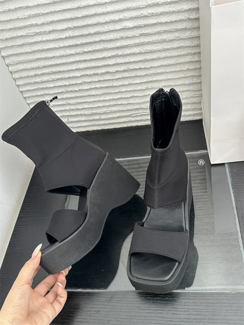 

Autumn Open Toe Ankle Boots Gladiator Sandals Fretwork Stretch Booties Platform Wedge Heel Slip On Shoes Thick Sole