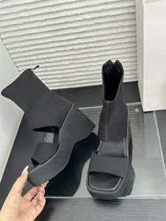 Autumn Open Toe Ankle Boots Gladiator Sandals Fretwork Stretch Booties Platform Wedge Heel Slip On Shoes Thick Sole