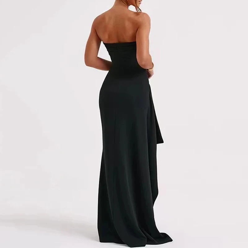 Summer Strapless High Slit Black Long Dress Elegant Slash Neck Sexy Party Evening Dress Casual Sleeveless Backless Vestidos