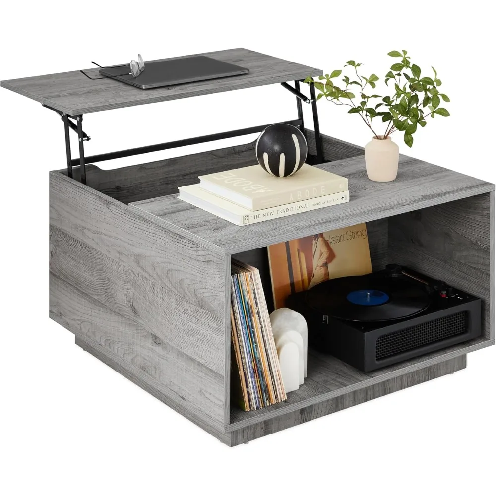 

Square Lift Top Coffee Table, Wooden Rustic Modern Multifunctional Accent Table for Living Room w/Hidden