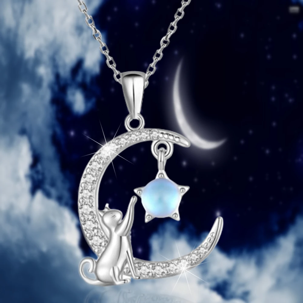 Creative Crescent Star Cat Moonstone Pendant Necklace for Women Fashion Lady Party Jewelry Exquisite Birthday Love Jewelry Gifts