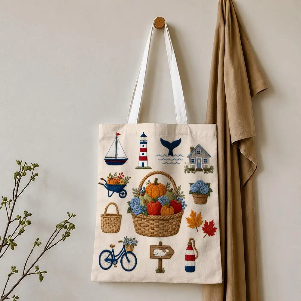 Coastal Autumn Harvest Embroidery Storage Bags Tote Bag Reusable Shoulder Shopping Foldable For School Work Travel Daily Use